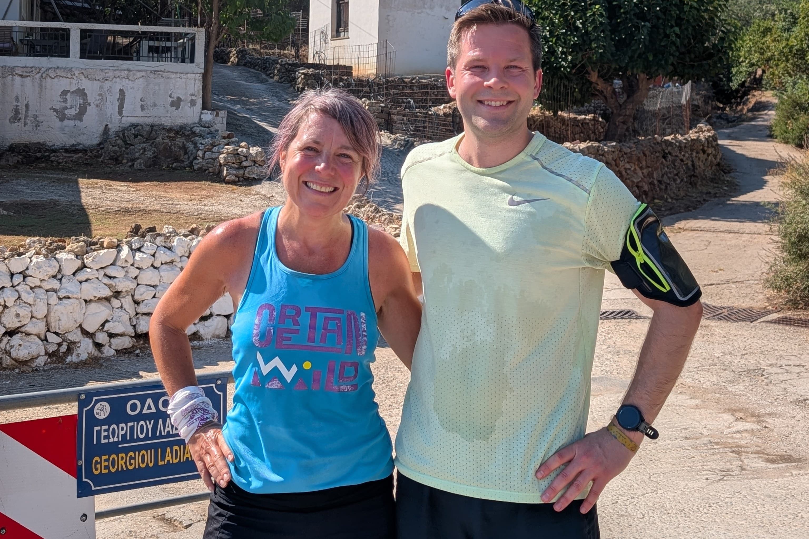 Helen Galerakis of Cretan Wild and Tor-Inge after finishing the Malaxa trail run