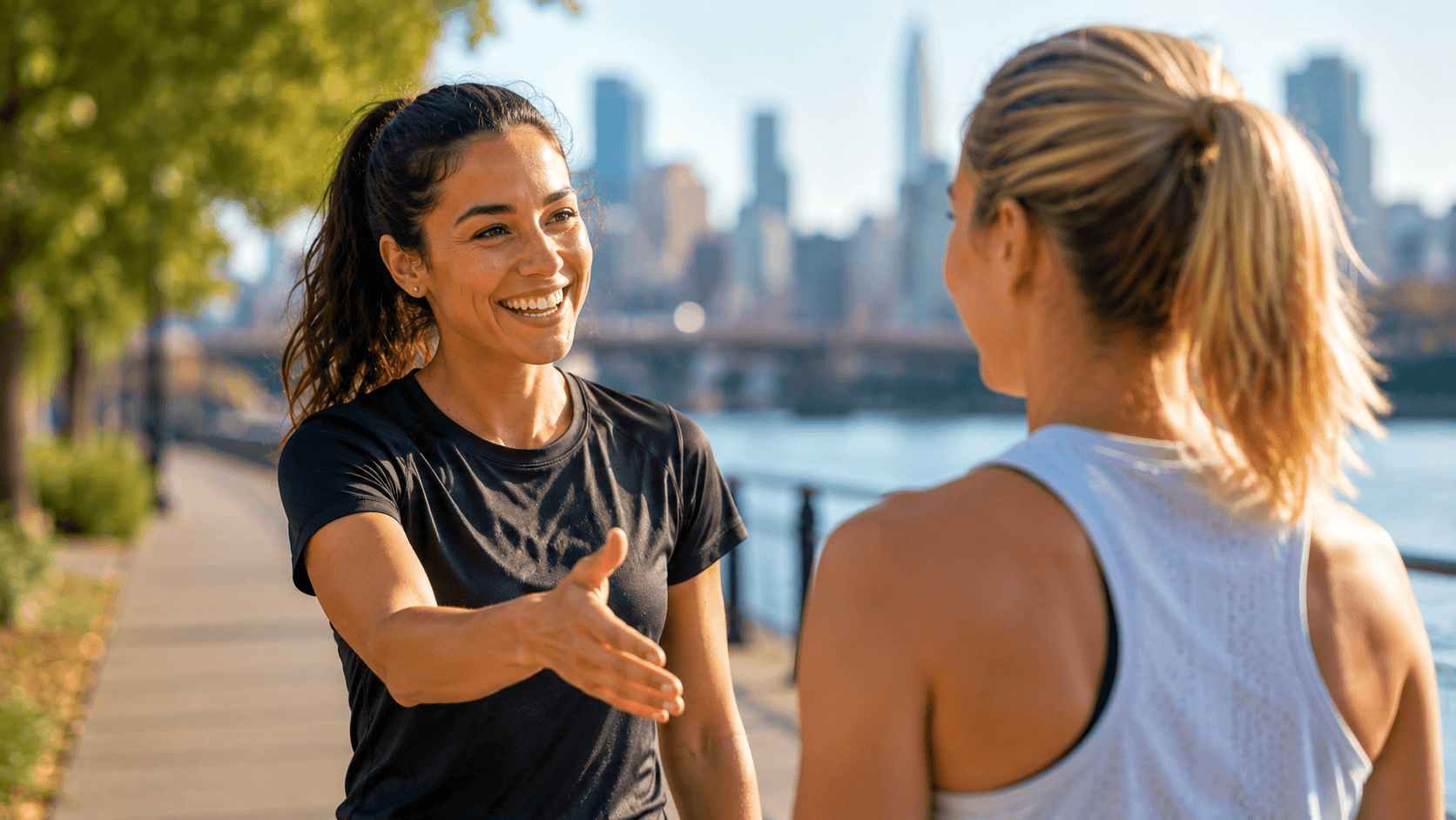 A local host greeting a visitor before a city run